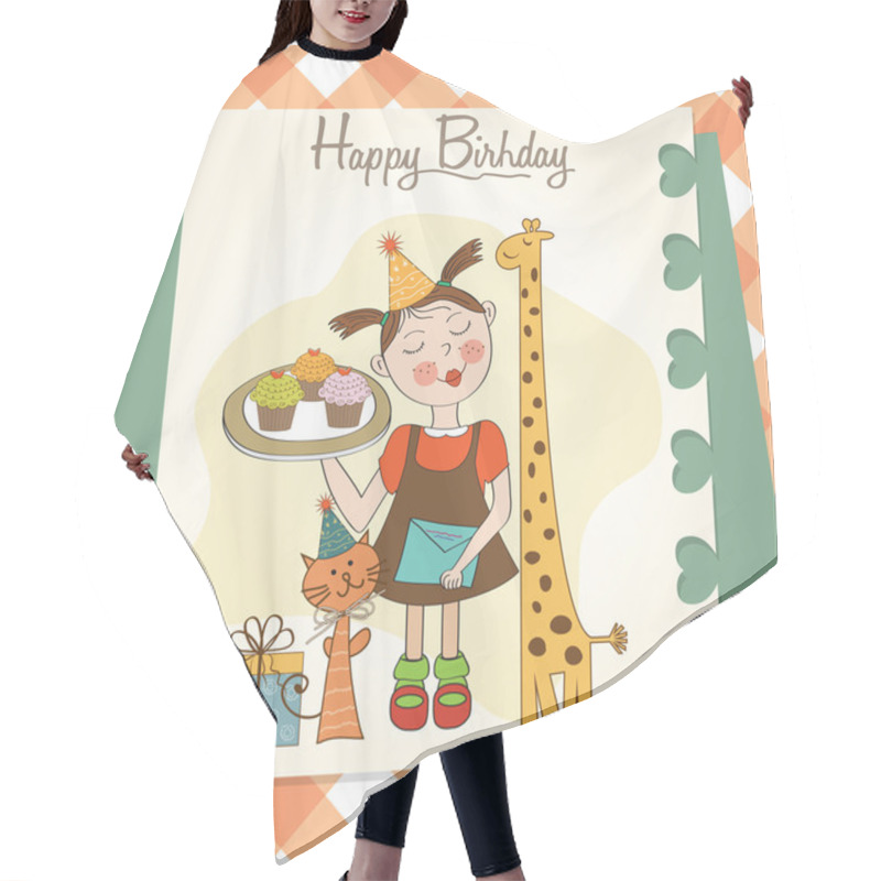 Personality  Happy Birthday Card With Funny Girl, Animals And Cupcakes Hair Cutting Cape