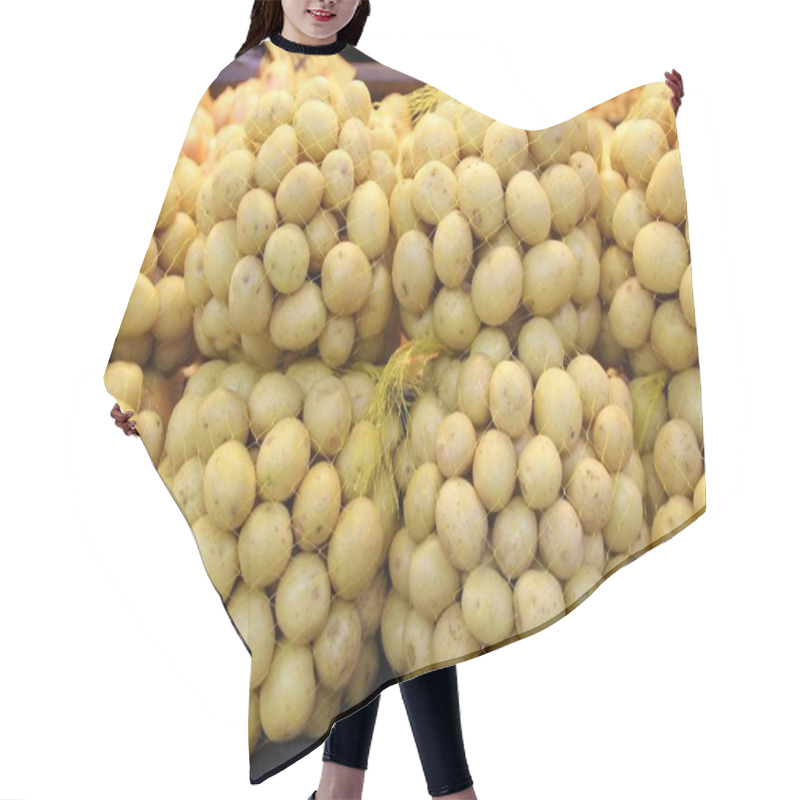 Personality  Closeup View Of Bags Of White Potatoes, Monochrome Background Hair Cutting Cape