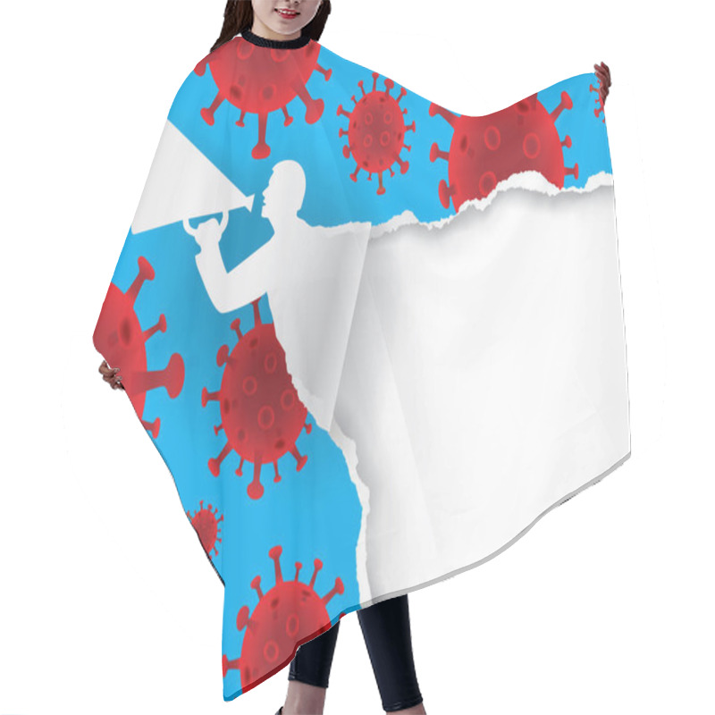 Personality  Man With Megaphone Ripped Paper With Coronavirus Symbols.Expressive Template For Announcement, Poster For Coronavirus Pandemic Theme. Place For Your Text Or Image. Vector Available. Hair Cutting Cape