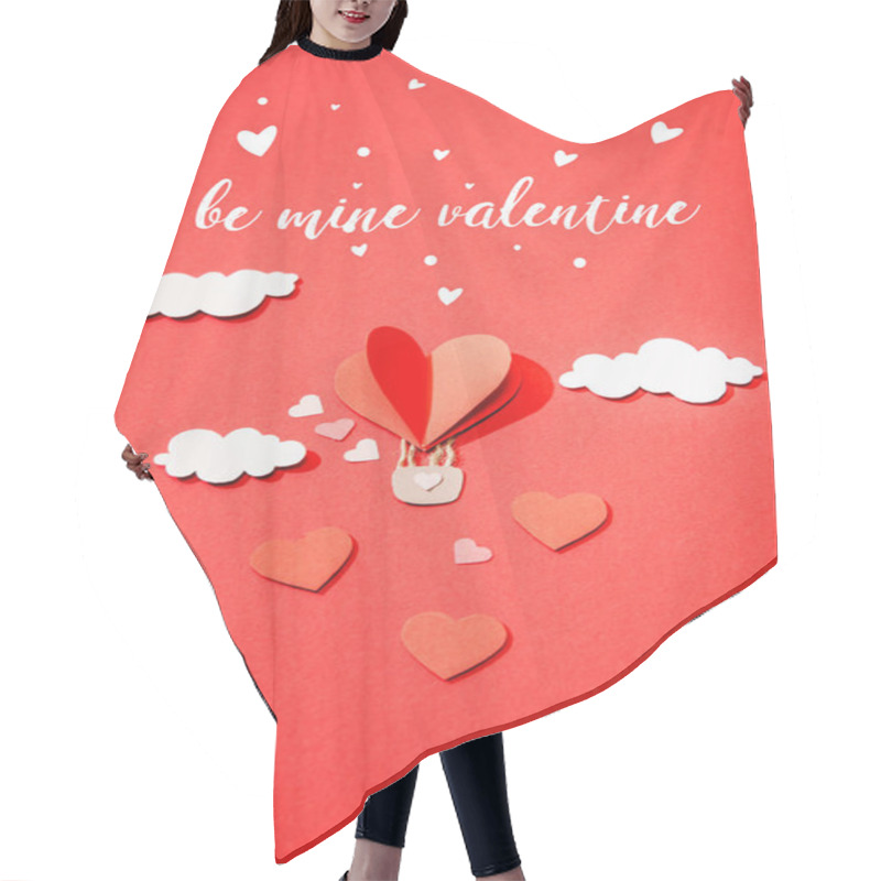 Personality  Top View Of Paper Heart Shaped Air Balloon In Clouds Near Be Mine Valentine Lettering On Red Background Hair Cutting Cape