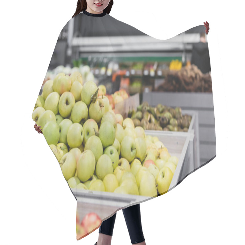 Personality  Fresh Apples Near Groceries On Blurred Background In Supermarket  Hair Cutting Cape