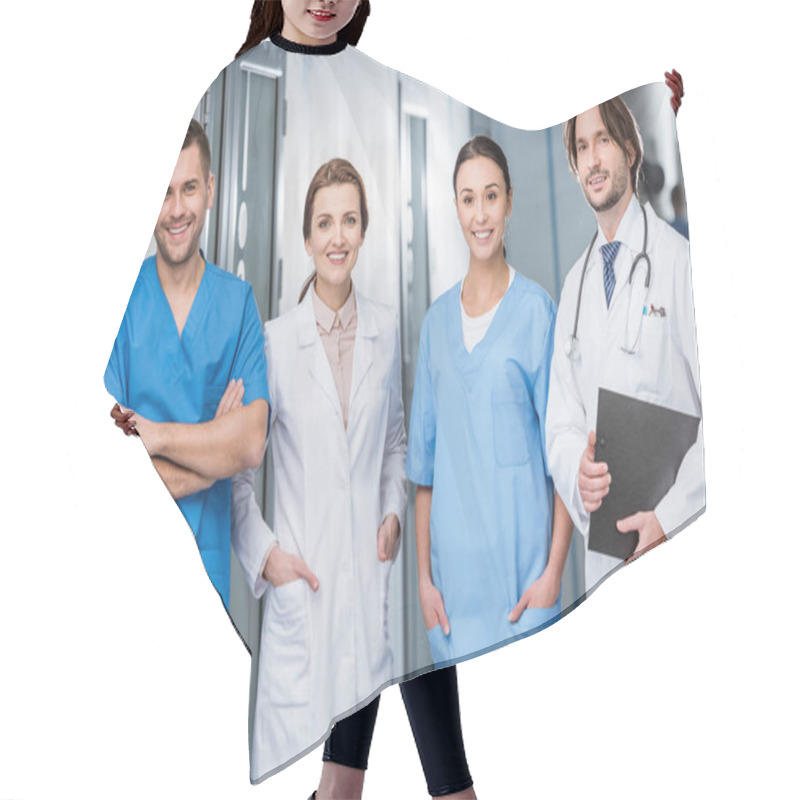 Personality  Laughing Doctors And Nurses Looking At Camera Hair Cutting Cape