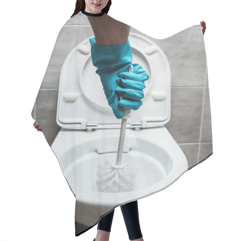 Personality  Cropped View Of Cleaner Cleaning Ceramic Toilet Bowl With Toilet Brush In Modern Restroom With Grey Tile Hair Cutting Cape