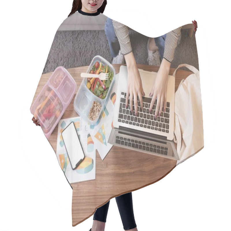 Personality  Top View Hungry Businesswoman Eating Working. High Quality Photo Hair Cutting Cape