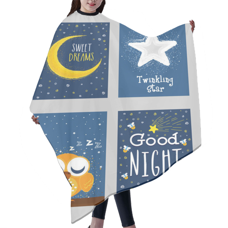 Personality  Good Night Greeting Card Set In Doodle Style. Hair Cutting Cape