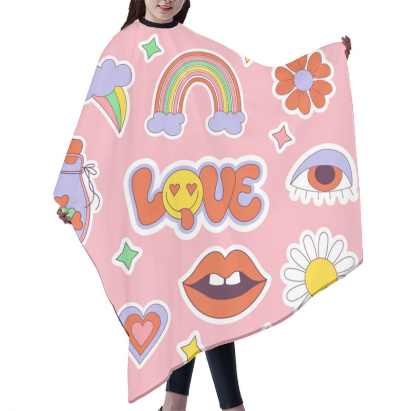 Personality  Set Of Love Stickers Retro Groovy Elements, Cute Funky Hippy. Cute Lettering Love In Groovy Style With In Smiley Face, Daisy Flowers, Rainbow And Lips. Vector Clipart 60s, 70s, 80s, 90s Vibes Elements Hair Cutting Cape