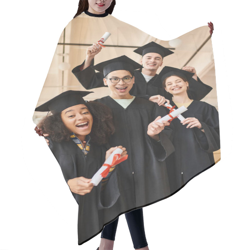 Personality  A Diverse Group Of Students In Graduation Gowns And Academic Caps Smiling For A Picture To Commemorate Their Educational Milestone. Hair Cutting Cape