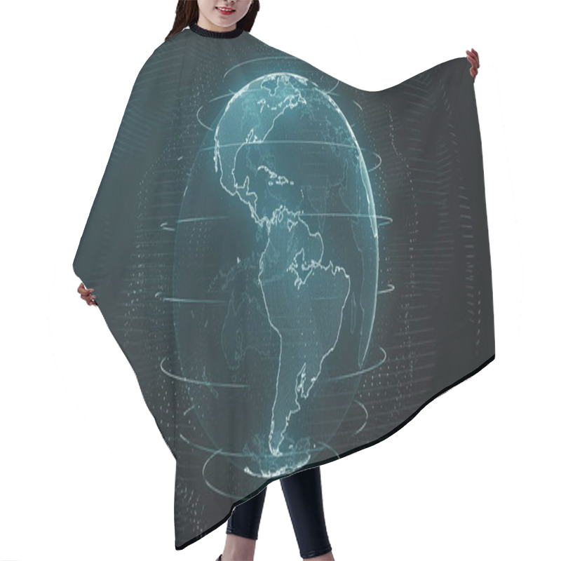 Personality  Futuristic Cyan Digital Earth America Skyline. Global Data Network Around Planet In Modern Age. Worldwide Internet And Blockchain. Technology, Connectivity, Science And Business Concept 3D Render Hair Cutting Cape