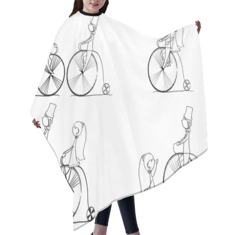 Personality  Vector Set Of Bride And Groom Riding A Bike Hair Cutting Cape