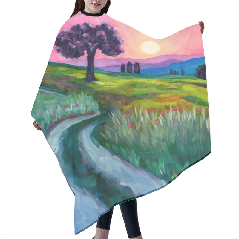 Personality  Contemporary Expressionism Oil Painting Depicting A Country Side Landscape At Sunset. Hair Cutting Cape