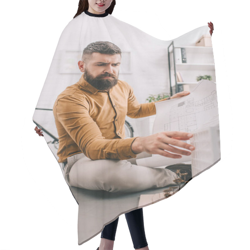 Personality  Focused Bearded Adult Male Architect Holding Blueprint And Working On Construction Project In Office  Hair Cutting Cape