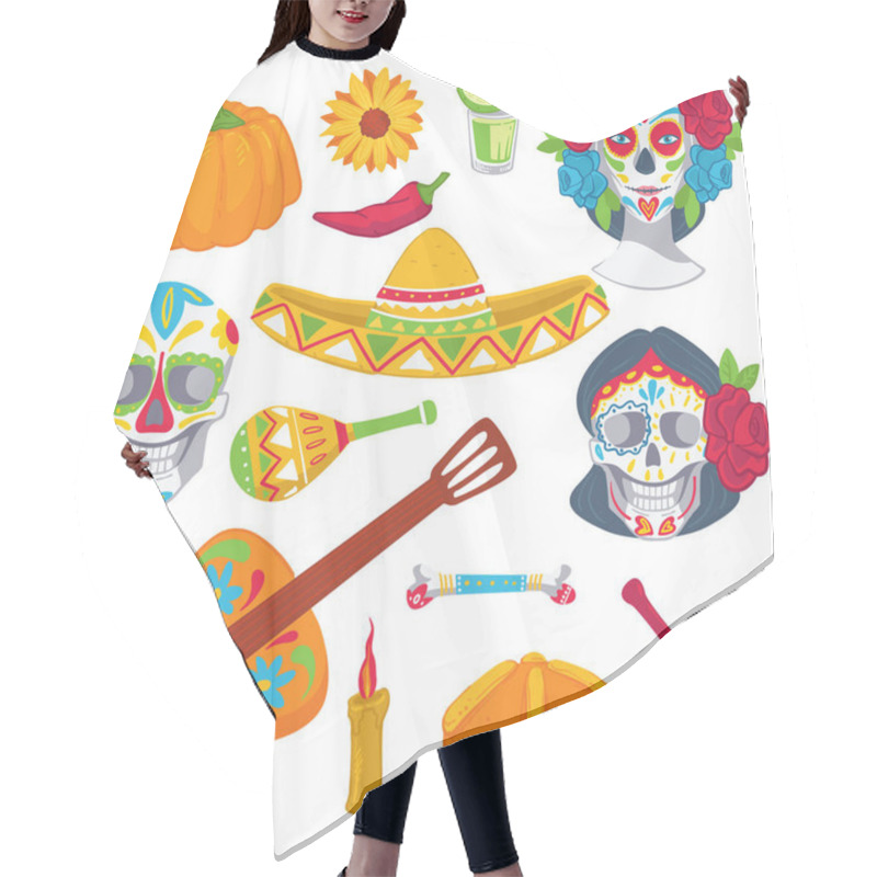 Personality  Traditional Mexican Symbols For Celebrating Day Of The Dead. Isolated Icon Of Sombrero, Tequila And Guitar, Painted Skull And Skeleton. Maracas And Burning Candle, Chilly And Pumpkin, Vector Hair Cutting Cape