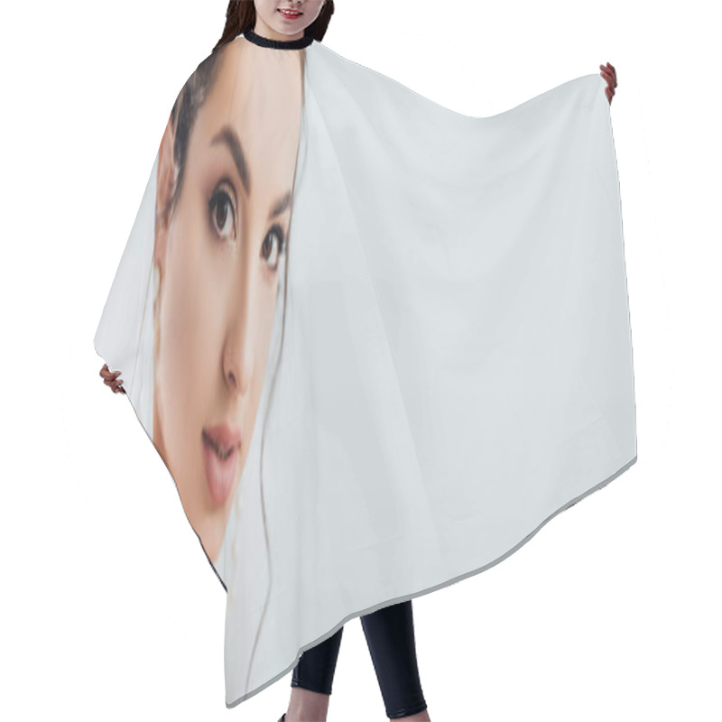 Personality  Panoramic Shot Of Bride In Pearl Earrings And Veil Looking At Camera On White Background  Hair Cutting Cape