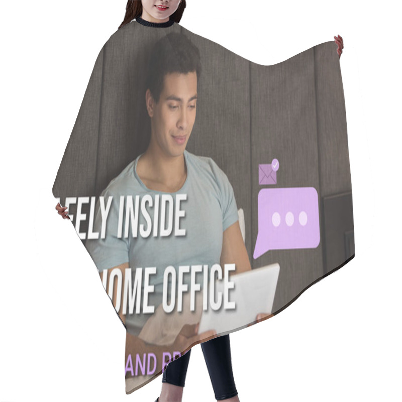 Personality  Handsome Mixed Race Man Using Digital Tablet Near Safely Inside Your Home Office, Productive And Protected Lettering In Bedroom  Hair Cutting Cape