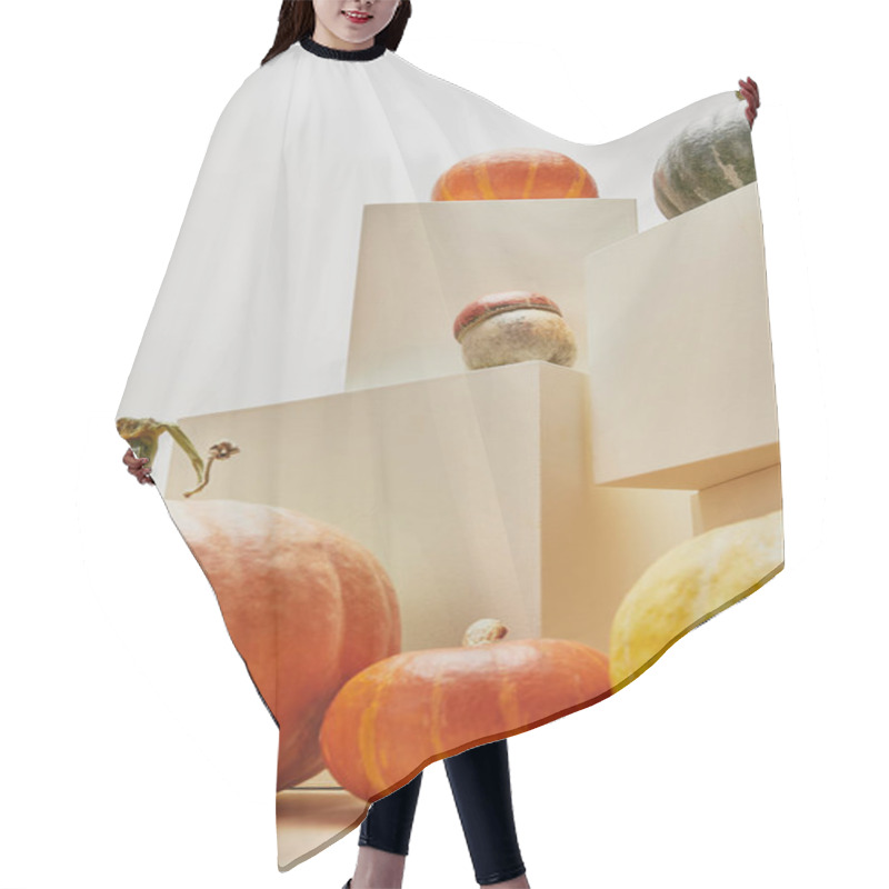 Personality  Autumnal Stylish Decor With Pumpkins On Beige Cubes Hair Cutting Cape