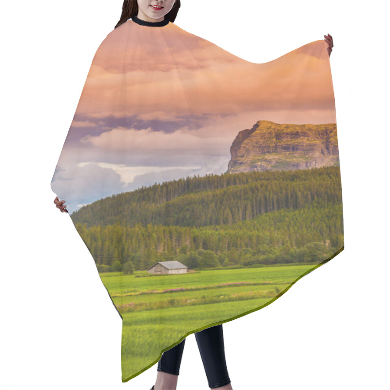 Personality  Dramatic Sunset, Sunrise Cloudscape Over Rural Farm Meadow, Vivid Dusk, Twilight Scene. Panoramic Ranch, Farmland, Farming Grassland At High Mountains Peak. Hiking Journey, Trip To Wilderness. Evening, Morning Nature Sun Light.  Hair Cutting Cape