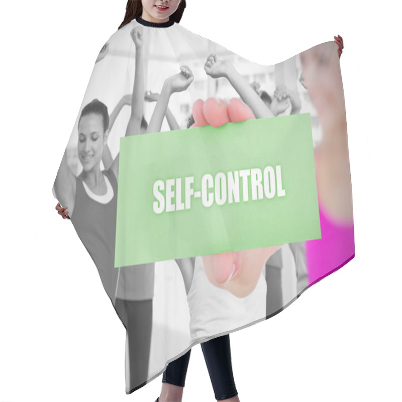 Personality  Fit Blonde Holding Card Saying Self Control Hair Cutting Cape