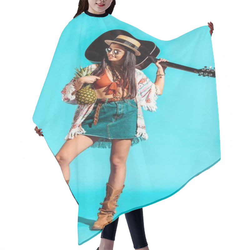 Personality  Woman Standing With Pineapple And Guitar  Hair Cutting Cape