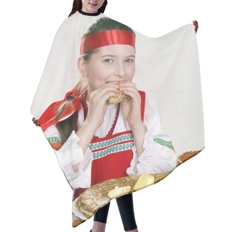 Personality  Russian Girl Behind A Table With Pancakes Hair Cutting Cape