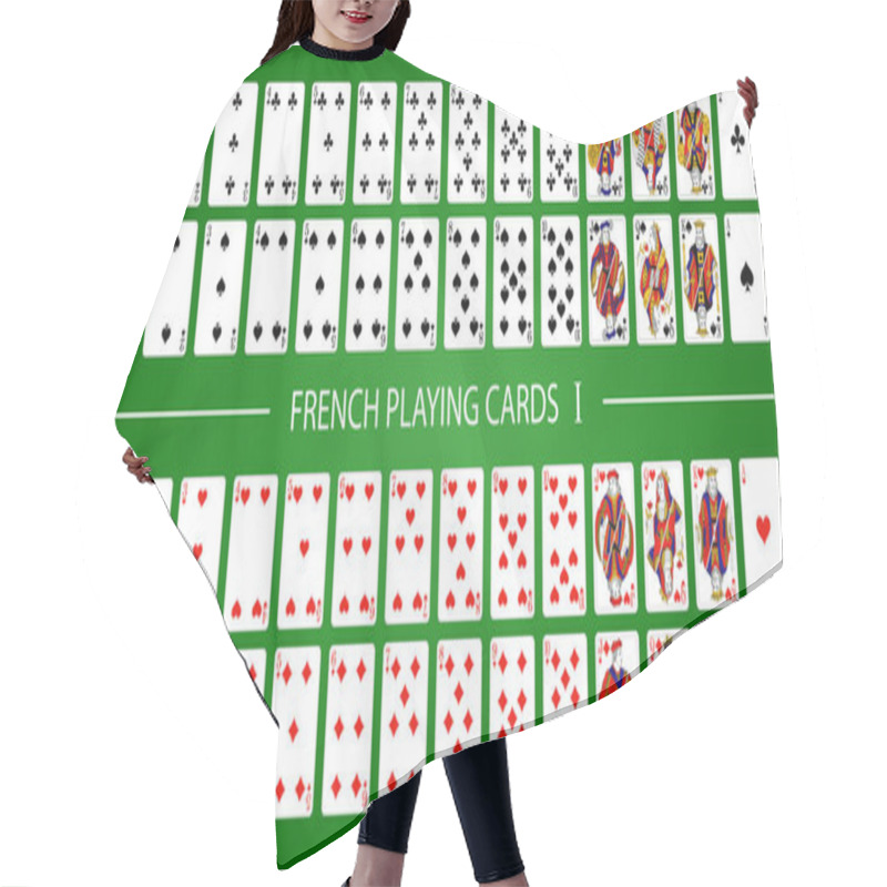 Personality  Poker Set With Isolated Cards On Green Background. 52 French Playing Cards With Jokers. Hair Cutting Cape