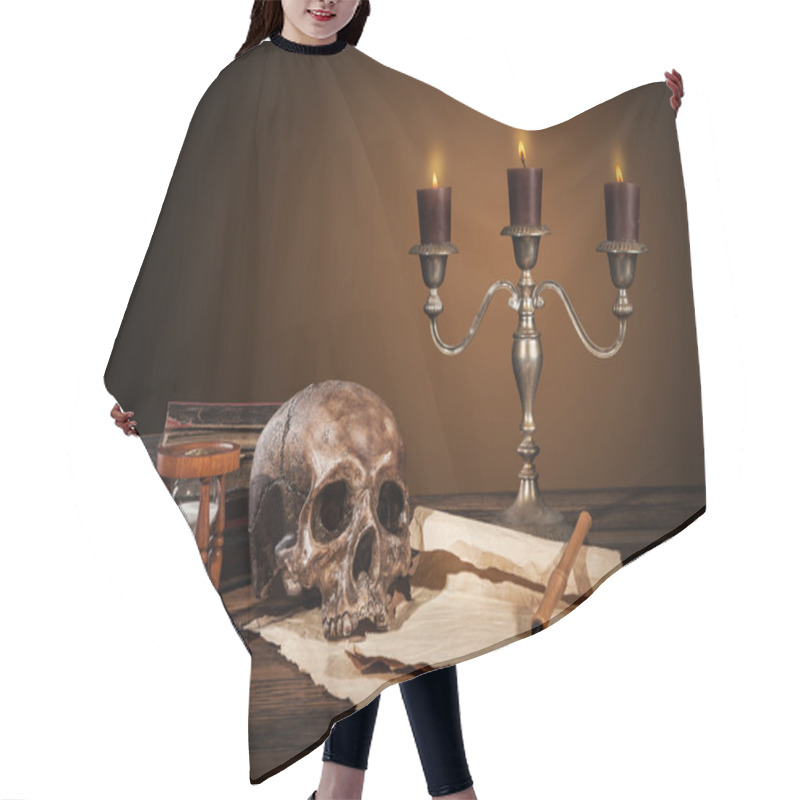 Personality  Still Life Art Photography On Human Skull Skeleton Hair Cutting Cape