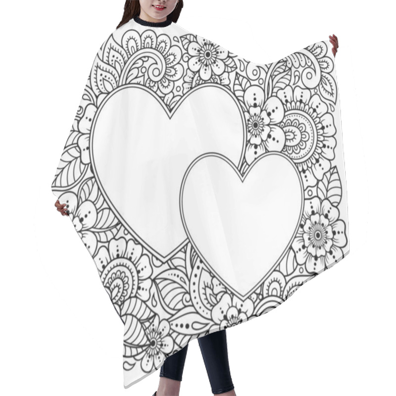 Personality  Rectangular Flower Pattern With Frame In Shape Of Heart. Decorative Ornament In Ethnic Oriental Mehndi Style. Outline Doodle Hand Draw Vector Illustration. Antistress Coloring Book Page. Hair Cutting Cape