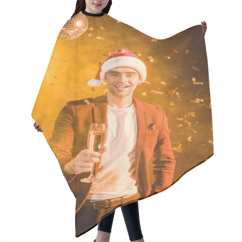 Personality  Smiling Young Man With Champagne Celebrating Christmas With Falling Confetti Hair Cutting Cape