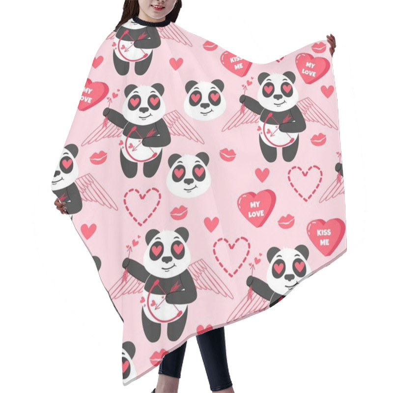 Personality  Panda Cupid. Vector Background With Chinese Animals, Hearts And Kisses. Holiday Seamless Pattern. Happy Valentine's Day.  Hair Cutting Cape