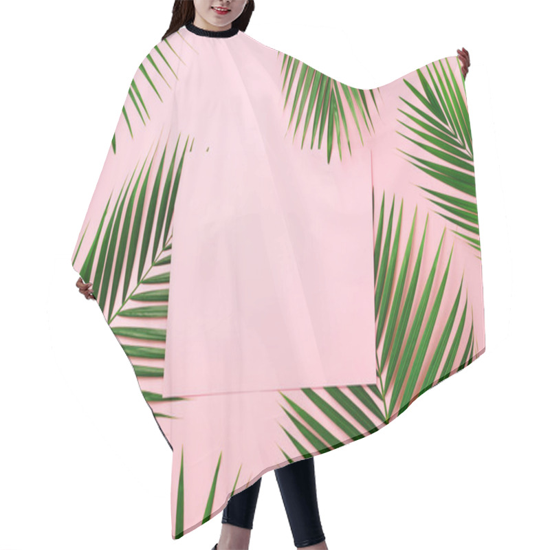 Personality  Tropical Palm Leaves On Pastel Pink Background With Paper Card Note. Minimal Summer Concept. Creative Layout. Top View, Flat Lay. Green Leaf On Punchy Pastel Paper Hair Cutting Cape