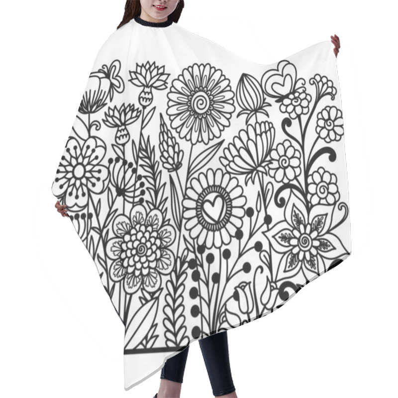 Personality  Repeatable Flowers Line, Black Silhouette Of Floral Garden On White Background For Printing, Engraving Or Coloring. Vector Illustration. Hair Cutting Cape