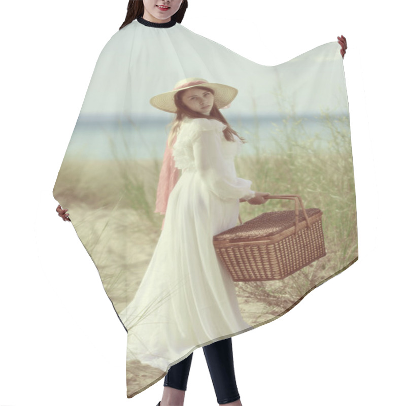 Personality  Woman At The Beach With Picnic Basket Hair Cutting Cape