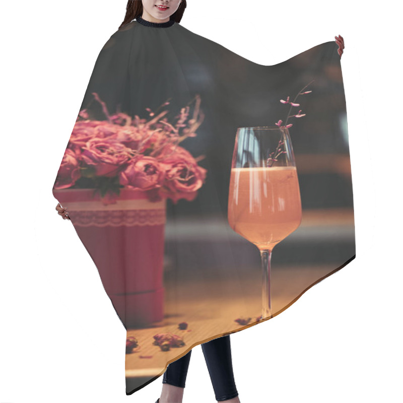 Personality  Selective Focus Of Pink Alcoholic Cocktail With Flowers On Dark Background Hair Cutting Cape