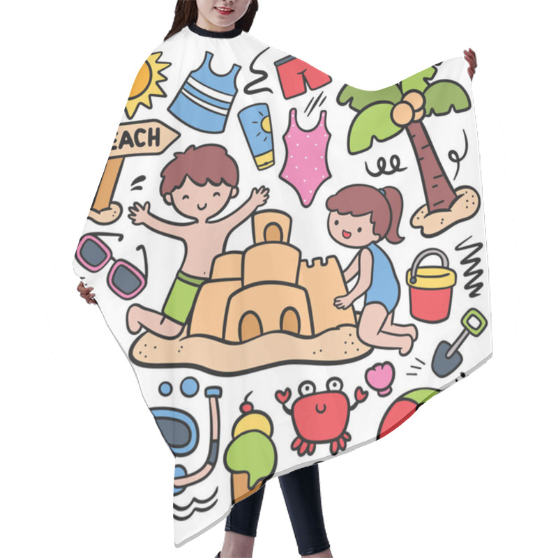 Personality  Cartoon Kids Building Sand Castle On The Beach, Summer Doodle Design Element Hair Cutting Cape