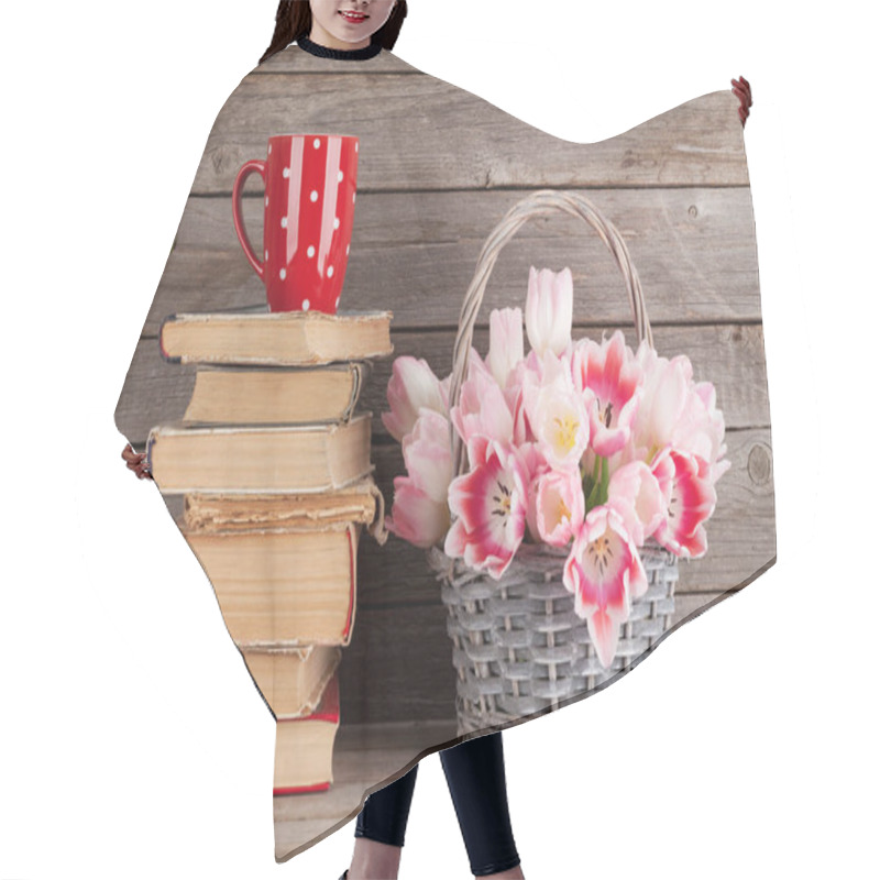 Personality  Pink Tulips, Books And Coffee Cup Hair Cutting Cape