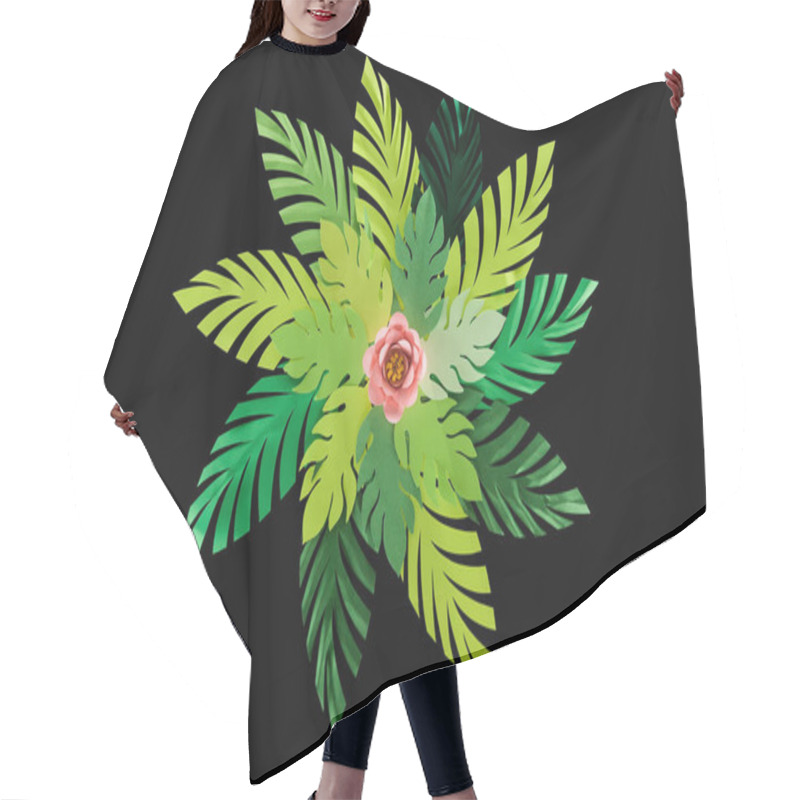 Personality  Top View Of Paper Cut Green Leaves With Pink Flower Isolated On Black, Background Pattern Hair Cutting Cape