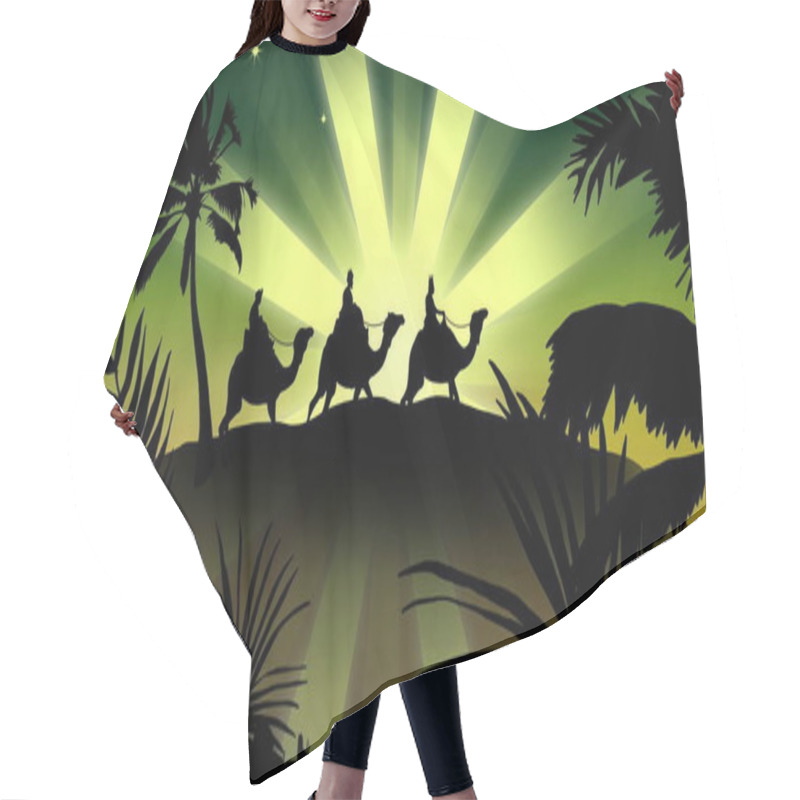 Personality  Image Of Silhouette Of Three Wise Men On Camels Over Shooting Star On Green Background. Christmas, Celebration And Tradition Concept Digitally Generated Image. Hair Cutting Cape