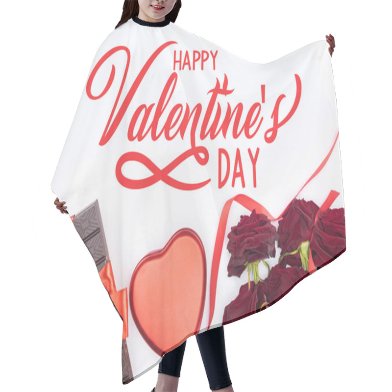 Personality  Top View Of Chocolate Wrapped By Festive Ribbon, Red Roses And Heart Shaped Gift Box Isolated On White, Happy Valentines Day   Hair Cutting Cape