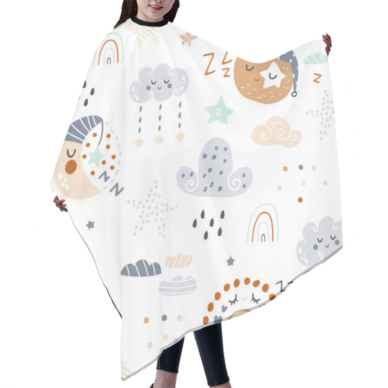 Personality  Seamless Childish Pattern With Sleeping Moon, Planets, Rainbow, Stars. Vector Illustration Hair Cutting Cape