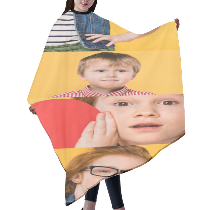 Personality  Collage Of Children Grimacing And Showing Different Emotions Isolated On Yellow Hair Cutting Cape