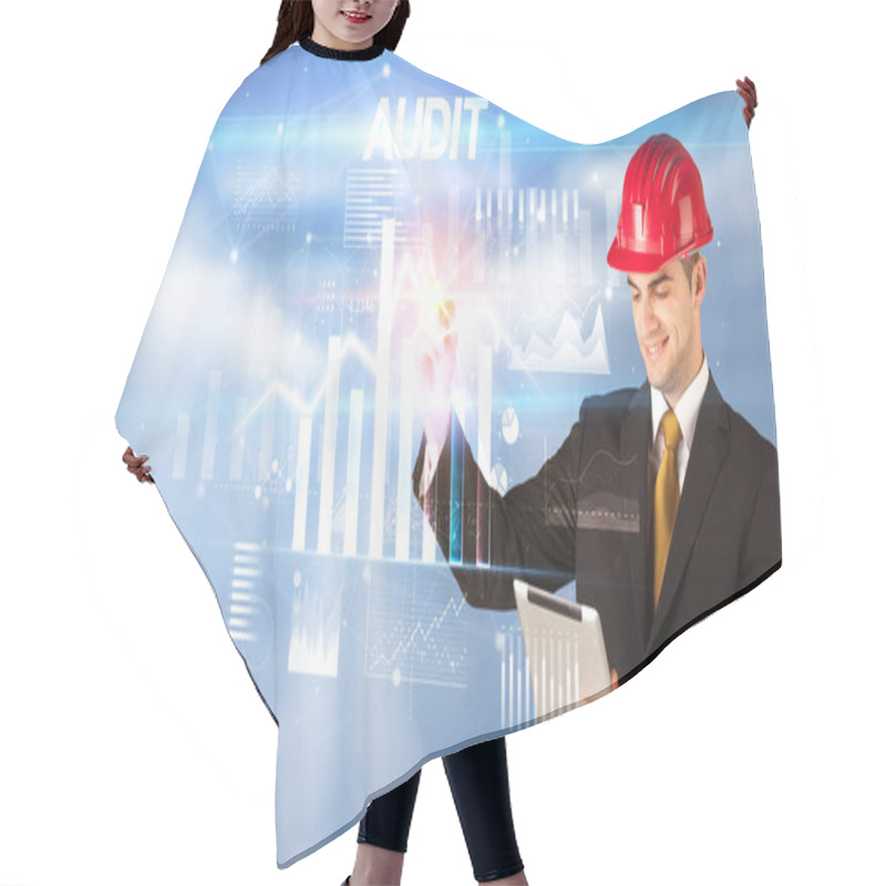 Personality  Young Businessman With Helmet Drawing On Virutal Screen Hair Cutting Cape