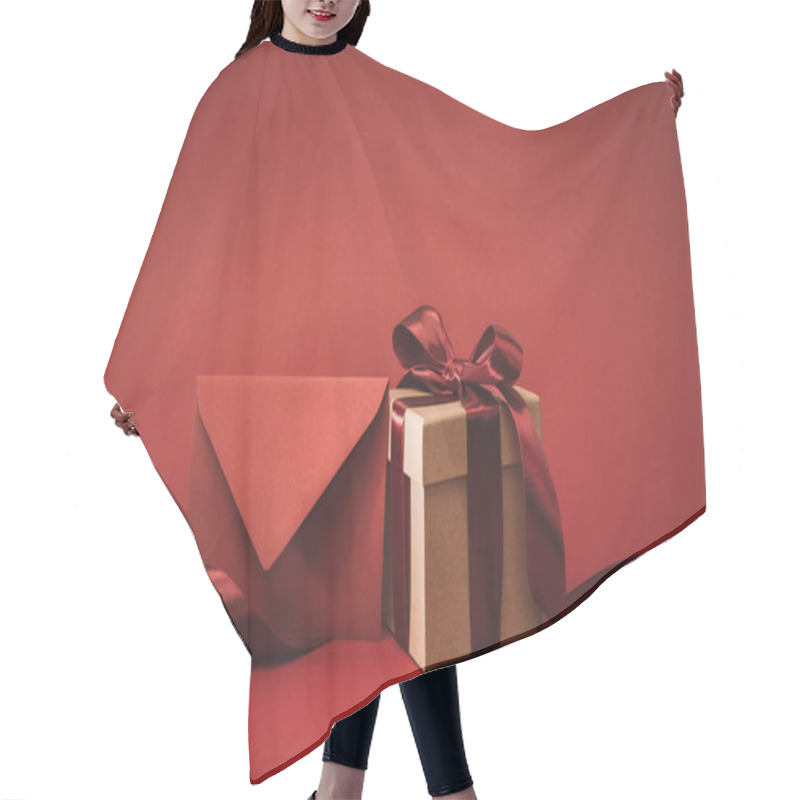 Personality  Close Up View Of Empty Envelope And Present With Ribbon Isolated On Red Hair Cutting Cape