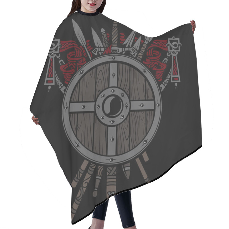 Personality  Viking Design. Viking Shield And Swords. Set Of Medieval Weapons, Swords And Spears Of Warriors, Isolated On Black, Vector Illustration Hair Cutting Cape