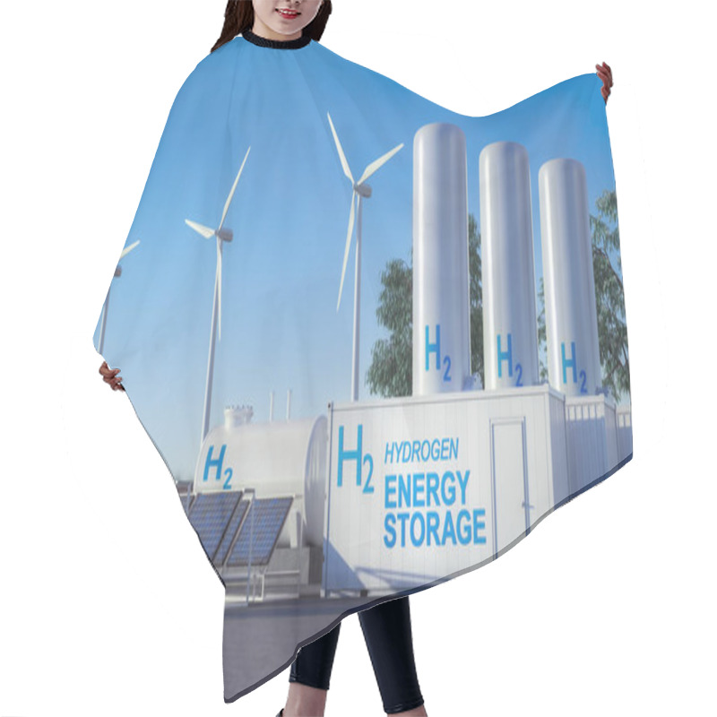 Personality  Power Station Hydrogen Energy Storage Battery With Solar Plant And Wind Turbine. 3D Illustration Hair Cutting Cape