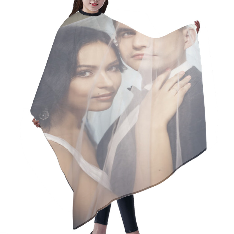 Personality  Bride And Groom - Wedding Elegant Photo. Couple Together Under Bridal Veil Hair Cutting Cape