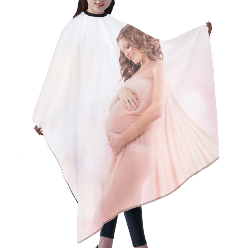 Personality  Beauty Pregnant Woman In Blowing Pink Chiffon Shawl Hair Cutting Cape