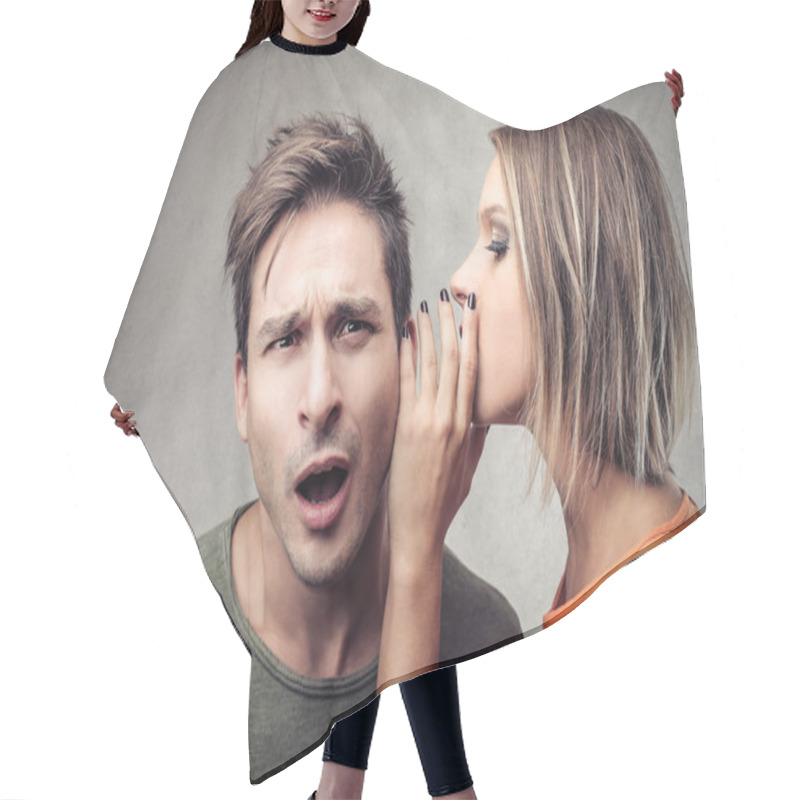 Personality  Woman Telling A Secret To A Man Hair Cutting Cape