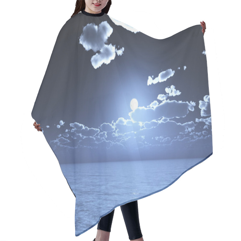 Personality  A View Of Night Blue Sky With Clouds And Full Moon Reflected On Water - 3D-Illustration Hair Cutting Cape