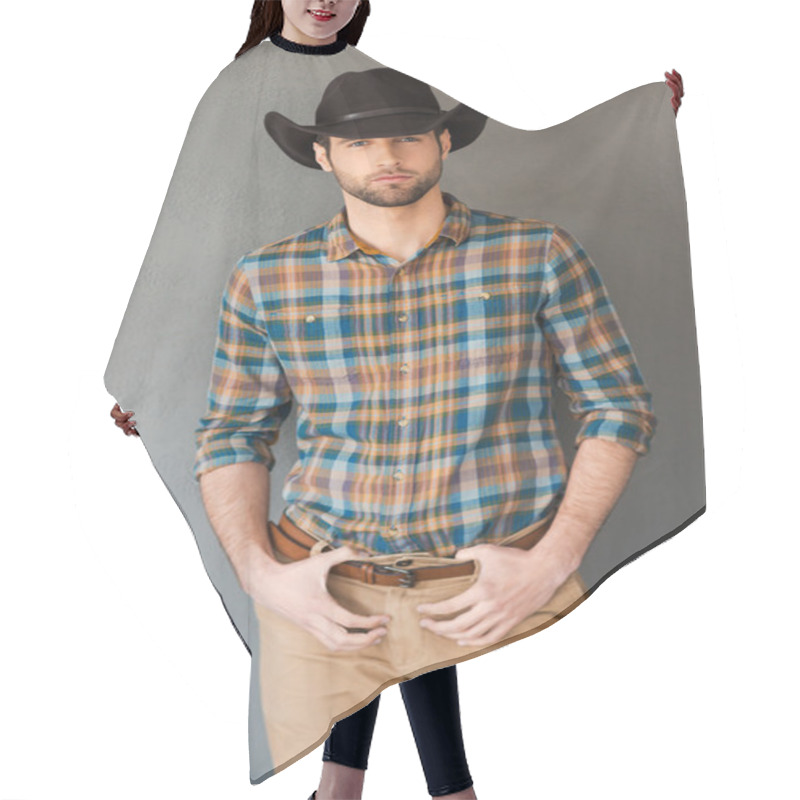 Personality  Man Wearing Cowboy Hat Hair Cutting Cape