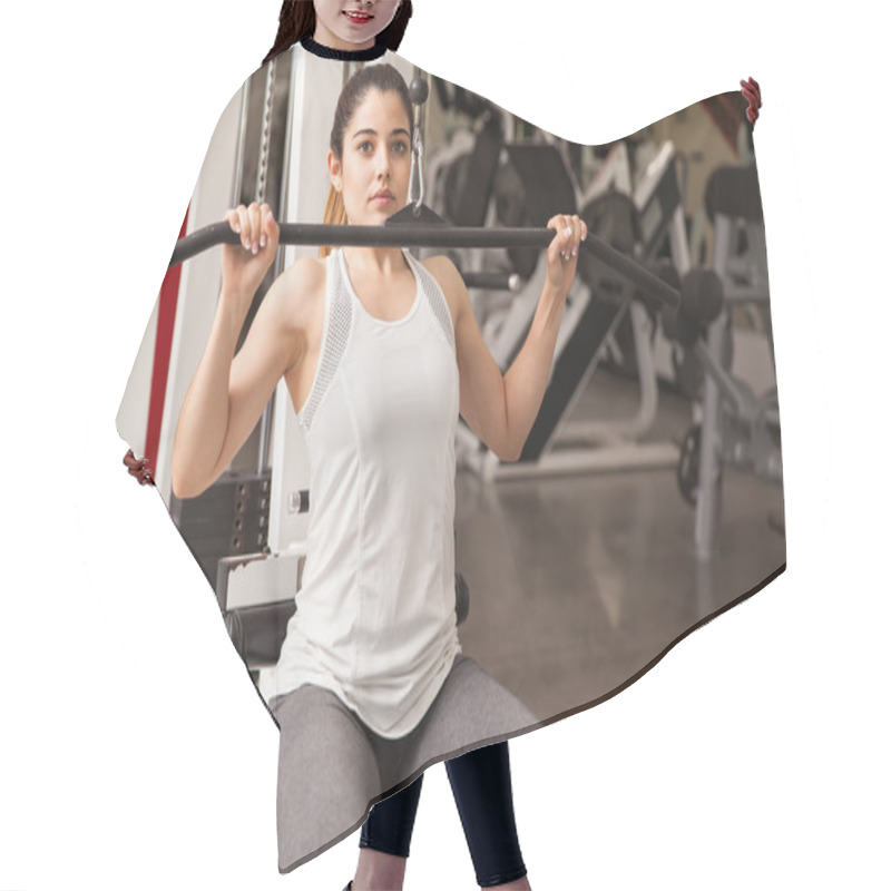 Personality  Brunette Working On A Lat Pulldown Hair Cutting Cape