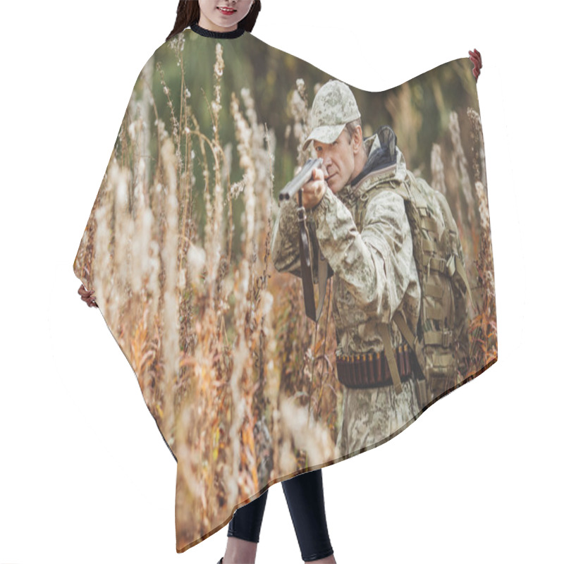 Personality  Man Hunter With Shotgun In Forest Hair Cutting Cape